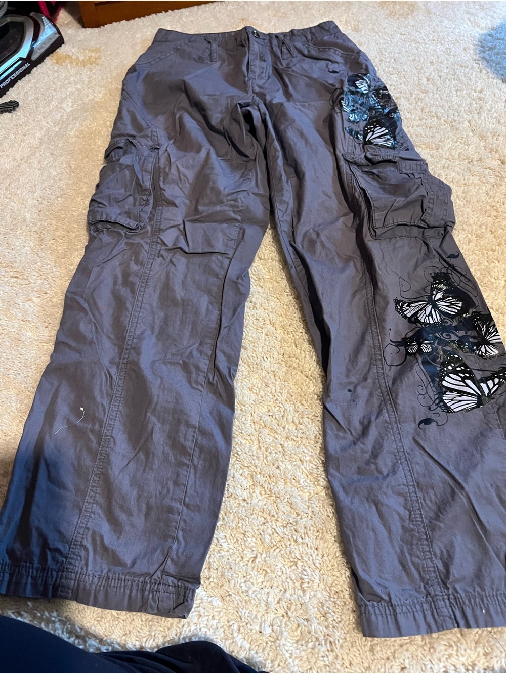 Hot Topic Gray Cargo Pants with Black & White Butterfly Print